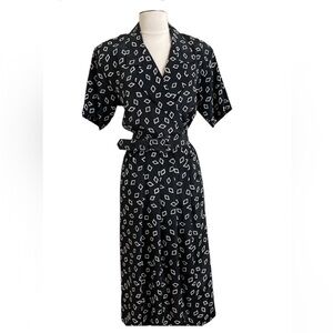 VINTAGE LESLIE FAY 90s Dress Black White Geometric Printed Faux Wrap Top 10P
